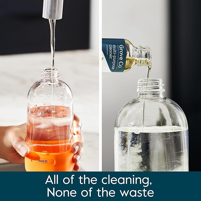 Grove Co. Multi Purpose Cleaner, Refill Concentrate (2 x 1 Oz) + Glass Spray Bottle (16 Oz), Plant-based Household Cleaning Supplies Bundle, No Plastic Waste, 100% Natural Lemon & Eucalyptus Scent