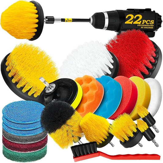Holikme 22Pack Drill Brush Attachments Set,Scrub Pads & Sponge, Buffing Pads,Power Scrubber Brush,Car Polishing Pad Kit,Wax Applicator Pad,Car Cleaning Kit,Masonry Brushes,Cleaning Supplies