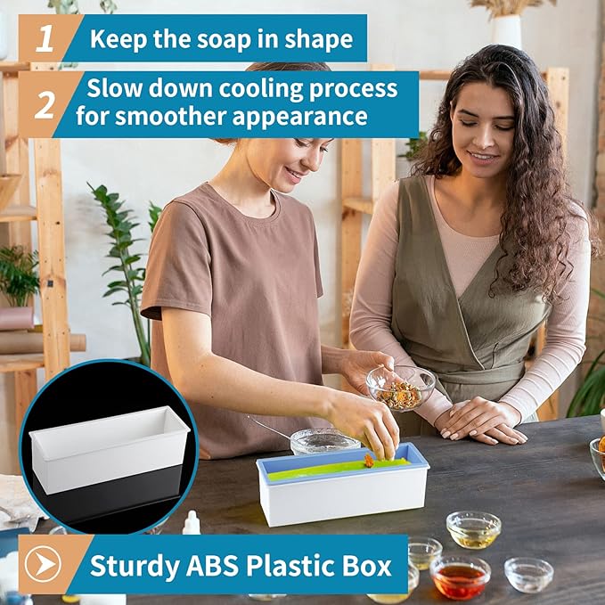 2 Pcs Loaf Soap Mold with Plastic Box, Flexible Silicone Rectangular Mold 42oz, Swirl Making Tool for DIY Soap, Handmade Candles, Resin Casting, Homemade Desserts (Blue)