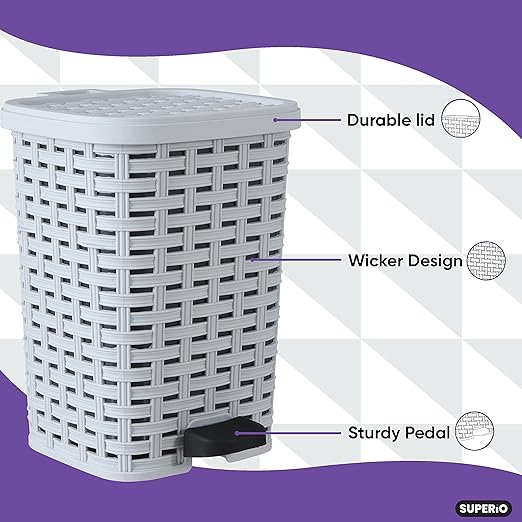 Superio Small Outdoor Trash Can with Lid for Dog Poop 3 Gallon/12 L Mini Plastic Garbage Can with Foot Pedal for Bathroom, Bedroom, Office, Patio, Wicker Smoke