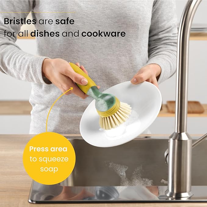 Vigar Rengo Soap Dispensing Dish Brush, Dish Brush with Soap Dispenser for Pot Scrubber, Dishes, Sink Cleaner, and Kitchen Essentials, Mustard