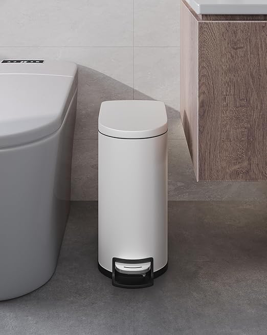 Garvee 13 Gal (50L) and 2.6 Gal (10L) Metal Trash Can Combo Set, Rustproof Garbage Can with Lid, Step-on Trash Bin with Inner Bucket, Rear Handle, White