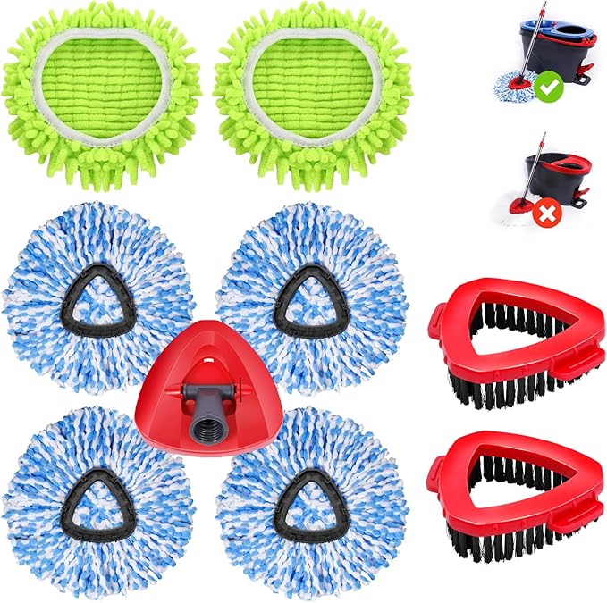 6 Pack Spin Mop Replacements Head Compatible for Oceda RinseClean 2-Tank System,Microfiber Spin Mop Refills Head,2 Mop Scrub Brush + 1 Mop Base + 6 Pack Cleaning Floor Mop Head