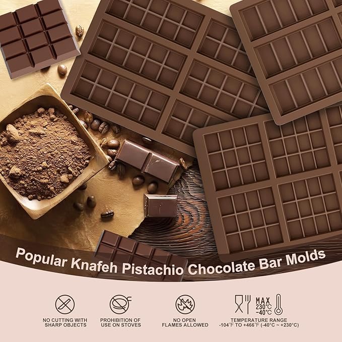 3Pcs Chocolate Bar Molds Deep, Dubai Chocoate Molds Silicone for Stuffed Bar, Rectangle Knafeh Pistachio Thick Chocolate Bar Break Apart Candy Bar Mold