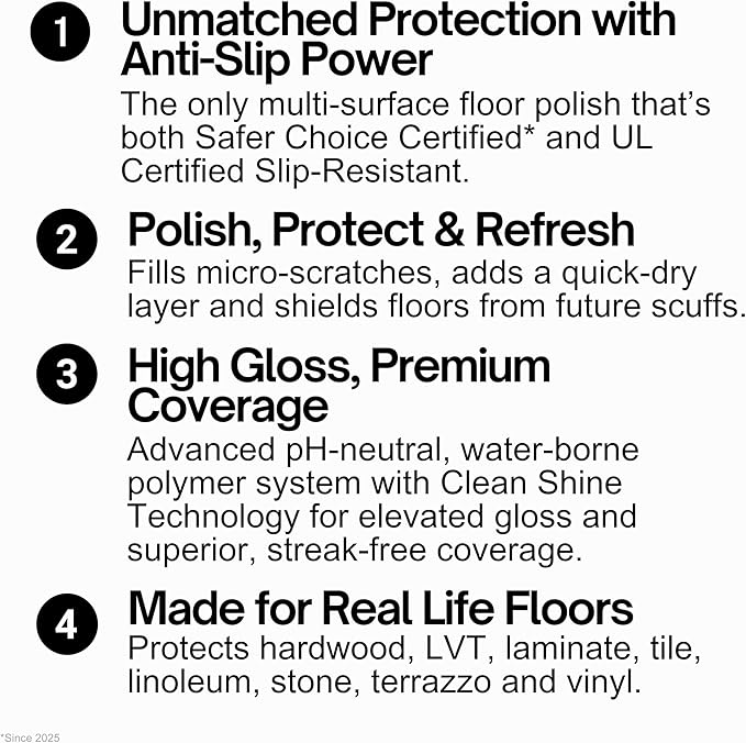 Quick Shine Multi-Surface Floor Finish-Polish 64oz-4pk | Safer Choice, No PFAS, pH Neutral Clean Shine Technology | Squirt & Spread | For Wood, Laminate, LVP, LVT, Tile & Stone | Made in USA