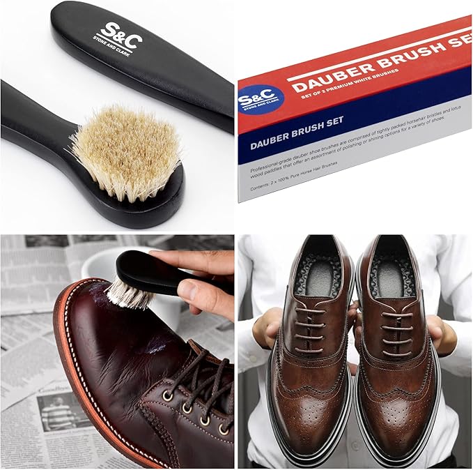 Premium Shoe Polish Brush Set - Horse Hair Brushes, Shoe Polish Applicator for Leather Footwear - Shoe Brushes for Cream & Polish - Made of White Horse Hair & Lotus Wood Handle