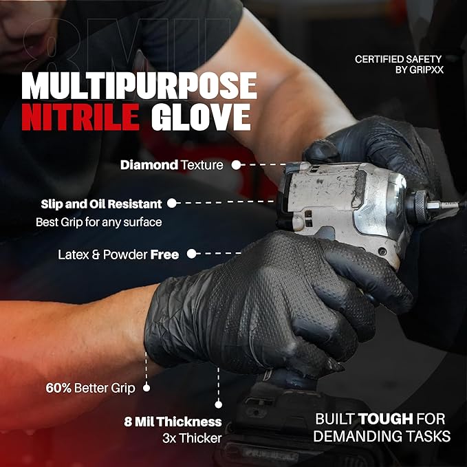 Herkules Grip Heavy Duty 8Mil Black Nitrile Gloves,3D Raised Diamond Texture-Latex & Powder-Free Industrial, Mechanic
