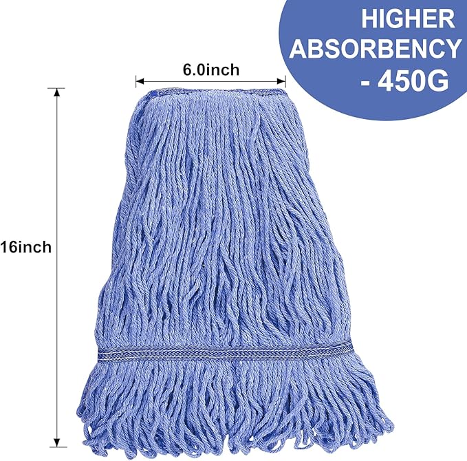 Mop Head Replacement for Heavy Duty Commercial Mops for Floor Cleaning, Wet Industrial Blue Cotton Looped End String Head Refill (Pack of 4)