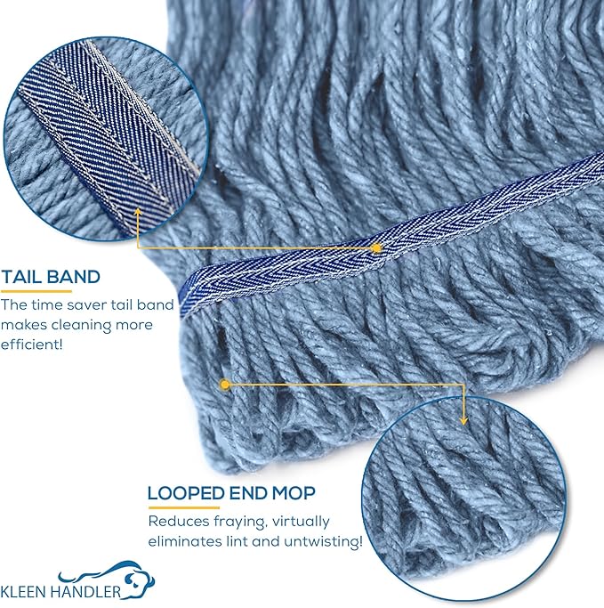 KLEEN HANDLER HEAVY DUTY Commercial Mop Head Replacement, Wet Industrial Blue Cotton Looped End String Cleaning Mop Head Refill (Case of 24)