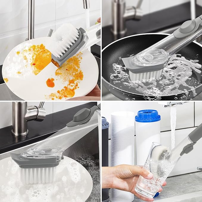 Dish Brush with Soap Dispenser Set, 3 PCS Soap Dispensing Dish Brush with 2 Sponges, Can Be Used to Wash Dishes Pots Pans Plates Cutting Boards Sinks Kitchen Utensils