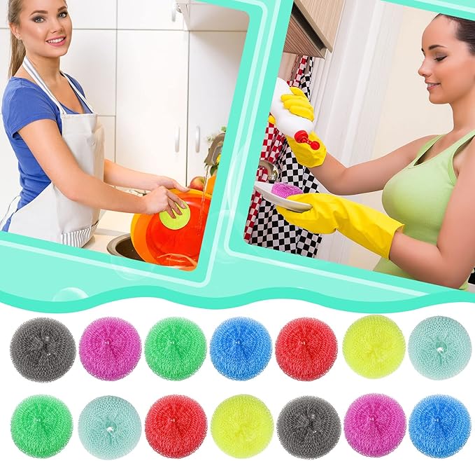 Nuogo 100 Pieces Reusable Plastic Dish Pot Scrubbers Bulk, Non-Scratch Nylon Scouring Pads for Kitchen Cleaning, Assorted Color Poly Mesh Dishwashing Pads for Household Use