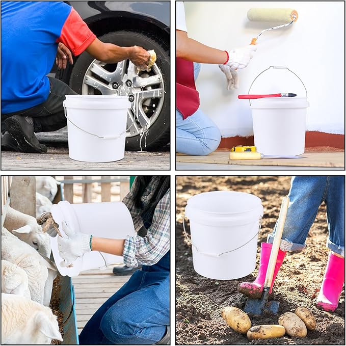 4 Gallon Plastic Bucket with Airtight Lid, 4 Pcs White Food Grade Buckets Pail with Handle and Lid, F