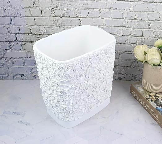 Hymmah Bathroom Trash Can 1.8 Gallon(7 Liter) Small Kitchen Garbage Can,Decor Wastebasket for Bedroom Office,Resin Hand-Carved Rose Flower White