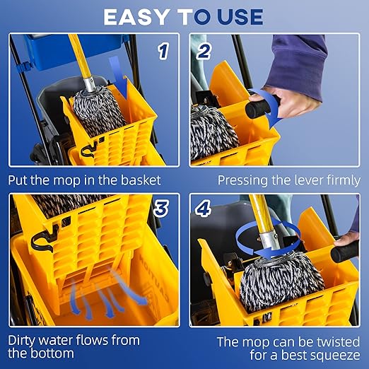 HOMCOM 2 x 6.9 Gallon Mop Water Bucket Wringer Cart with Easy to Use Side Press Wringer, Smooth Wheels, Mop-Handle Holder