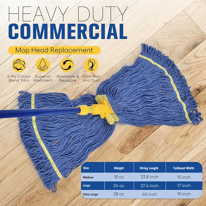 Matthew Cleaning Commercial Mop Head Replacement, 5 Inch Wide Headband, Looped End Cotton Blend String Wet Mops for Floor Cleaning, 24 oz Large, 6-Pack Blue