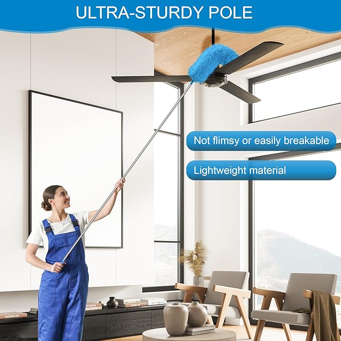 JEHONN Duster with Extension Pole 100 inches for Cleaning High Ceiling Fan, Extendable Long Handle Microfiber Feather Dust Remover, Telescoping Dusting Tool for AC Vent Cobweb House Exterior Interior