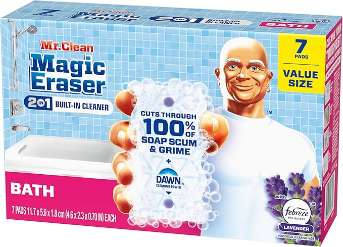 Mr. Clean Magic Eraser Sponge, Bathroom Cleaner, Soap Scum Shower & Tub Cleaner, 2 in 1 Bath, 7ct