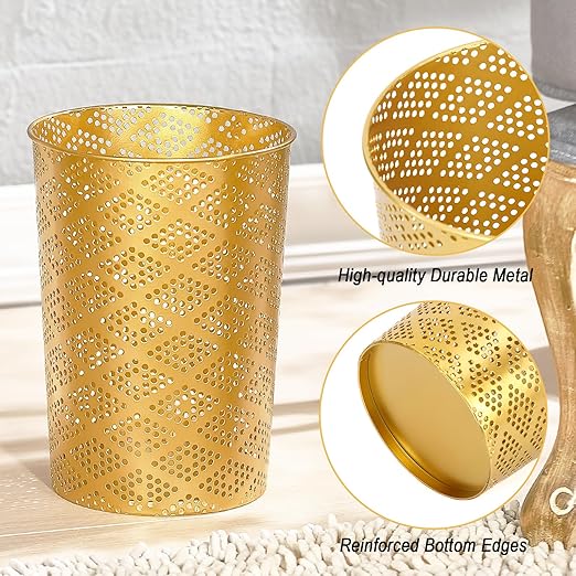 Metal Gold Trash Can, Modern Cylindrical Gold Garbage Can, Metal Waste Basket for Office Bathroom Bedroom & Small Spaces, 7.28" D x 10" H