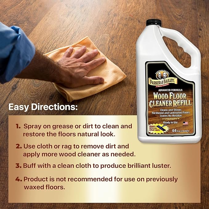 PARKER & BAILEY WOOD FLOOR CLEANER – Use on Hardwood, Laminated or Faux Finished Floors. Shine Restorer Protector, Surface Cleaner House Cleaning Supplies Home Improvement, Natural Look, Cuts Grease