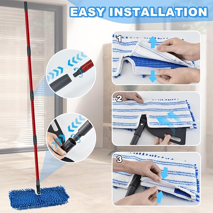 Microfiber Mops for Floor Cleaning, Flat Mop with 3 Reusable Pads and Extendable 58" Long Handle for O Cedar Dual-Action Microfiber Flip Mop , Dust Mop for Hardwood Floors, Wet & Dry Use