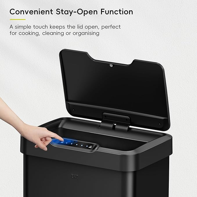 EKO Mirage-T 50 Liter / 13.2 Gallon Touchless Rectangular Motion Sensor Trash Can, Brushed Stainless Steel Finish (Matte Black)