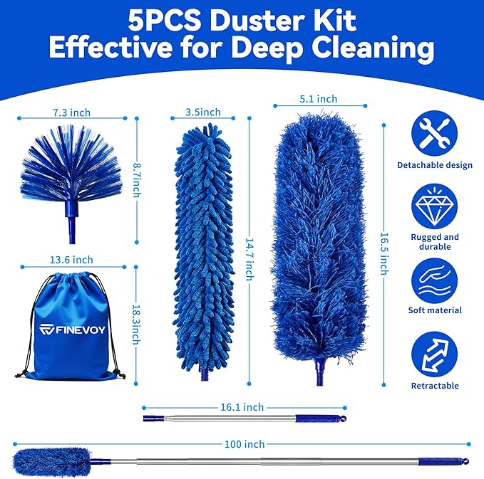 Dusters for Cleaning, Duster with Extension Pole 5 in 1 Kit, Cobweb Duster, Long Dusters for High Ceilings, Microfiber Dusters for Ceiling Fan, Blinds and Furniture