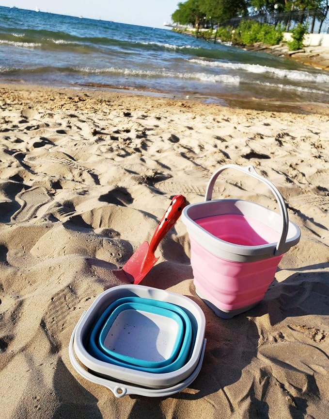 SAMMART Set of 2-2.6L (0.68 Gallon) Super Mini Sqare Collapsible Plastic Bucket - Foldable Square Tub - Portable Fishing Water Pail - Space Saving Outdoor Waterpot (2, Pink + Bright Blue)