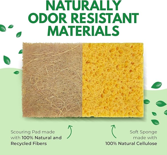 Natural Kitchen Sponges Pack of 18 - Biodegradable Cellulose and Coconut Husk Walnut Scrubbers - Odor Free Non Scratch - Eco Friendly Quick Drying Dishwashing Sponges