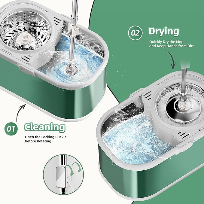 Spin Mop and Bucket with Wringer Set for Home,360° Mop and Bucket with Separate Clean and Dirty Water,Wet Dust Mop for Floor Cleaning with Extra Refills (Green)