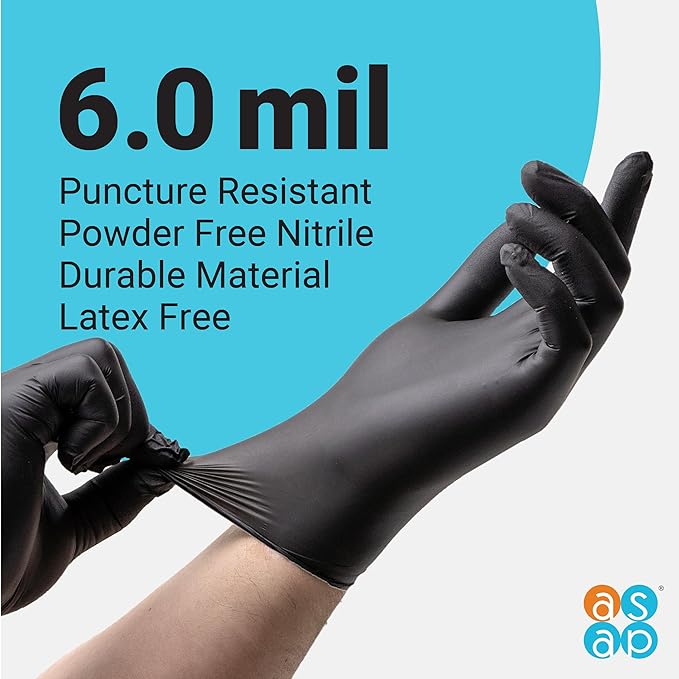 ASAP Thick Black Nitrile Gloves Disposable Latex Free - 6 Mil, Powder Free, Food Safe, Kitchen & Mechanic