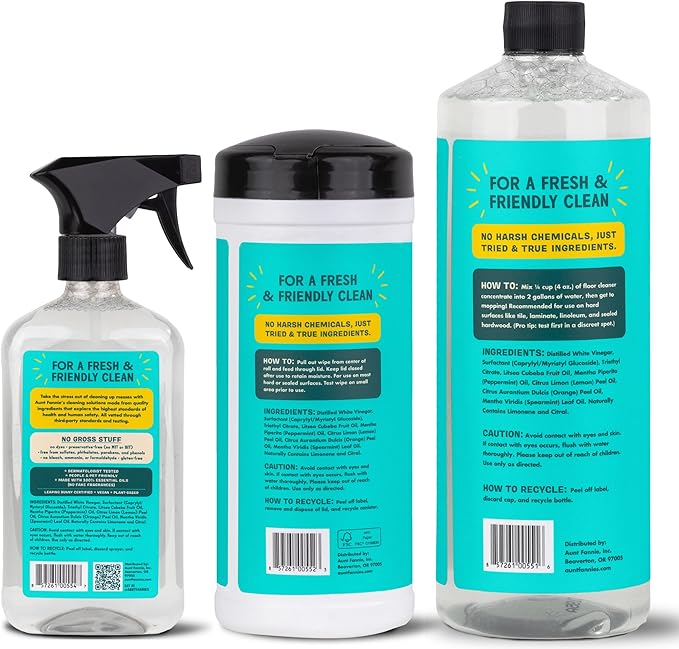 Aunt Fannie's Multi-Surface Vinegar Cleaning Kit: All Purpose Spray, Cleaning Wipes, and Floor Cleaner (Lemon, Cleaning Bundle)
