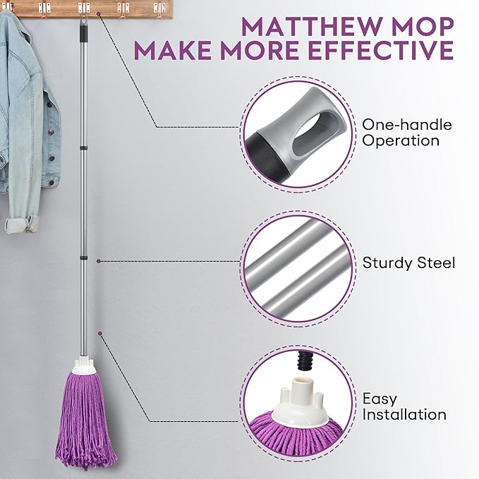 Matthew Microfiber Mop Replacement Compatible with Microfiber Cloth Mop Refill,Stainless Steel Spin Mop Replacement 54" Handle with Wet Mop for Floor Cleaning (2 Heads w/1 Handle)-Purplee