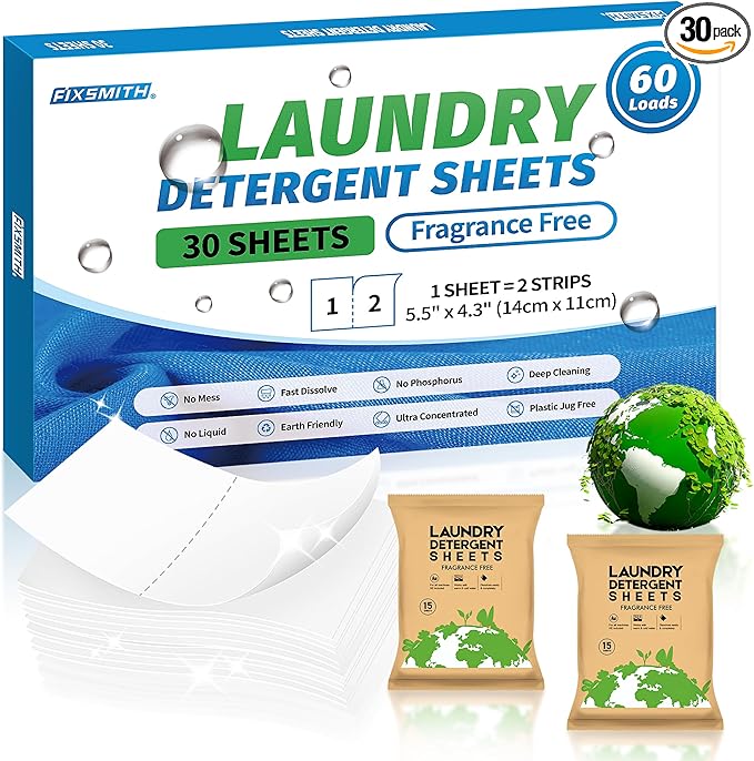 FIXSMITH Laundry Detergent Sheets - 60 Loads (30 Sheets) Fragrance Free - Hypoallergenic,Unscented,Eco Friendly Laundry Detergent Strips Concentrated Travel Detergent Sheets.Plastic-Free,Liquidless