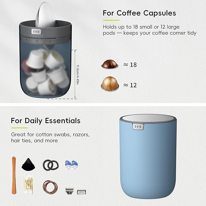 EKO Fandy 0.58 Gal/2.2L Mini Trash Can with Lid, Swing-Top Desktop Trash Can for Bathroom, Countertop, Vanity, Desk or Office, Small Garbage Bin (Blue)