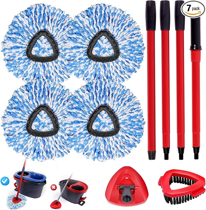 4 Packs Spin Mop Replacement Heads Compatible with Oceda RinseClean 2-Tank System, 4-Section Rotatable 30-58" Mop Handle,Mop Scrub Brush and Base Combo Set,Mop Refills Easy to Replace and Cleaning