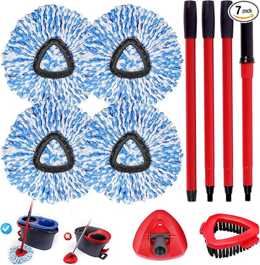 4 Packs Spin Mop Replacement Heads Compatible with Oceda RinseClean 2-Tank System, 4-Section Rotatable 30-58" Mop Handle,Mop Scrub Brush and Base Combo Set,Mop Refills Easy to Replace and Cleaning