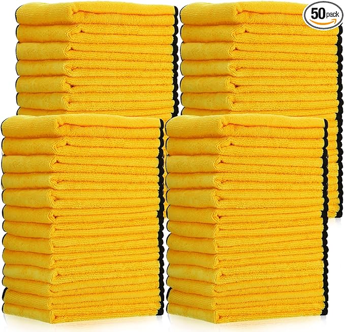 Tallew 50 Pcs Microfiber Towels 16 Inch x 16 Inch Microfiber Cloth Car Drying Towels for Cars Washing Polishing Office Windows Cleaning Household Supplies (Yellow)