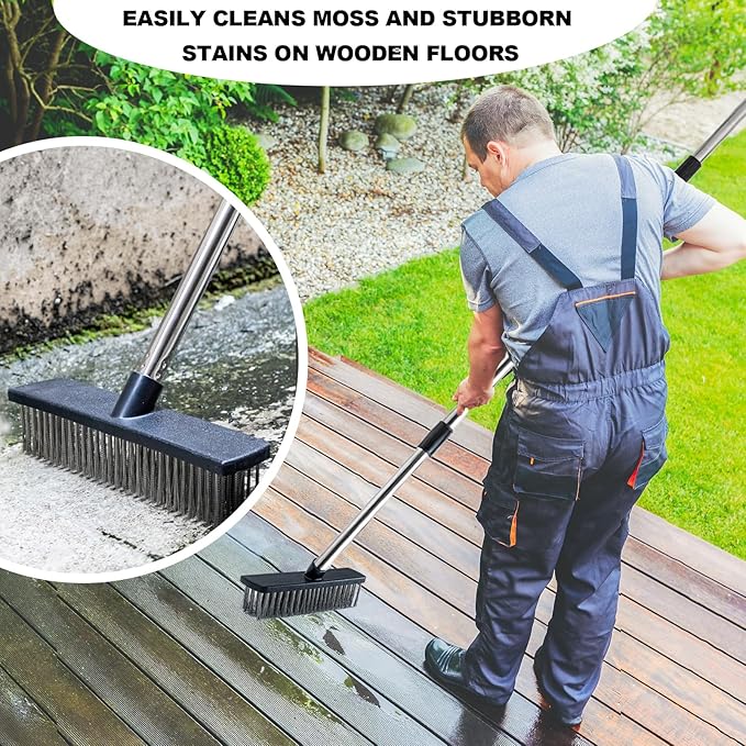 Deck Brush Steel Wire Broom with Long Handle Stiff Scrub Brushes for Cleaning Boat Patio Concrete Moss Remover