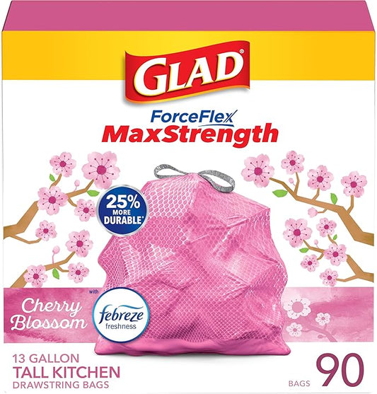 Glad Tall Kitchen Trash Bags 13 Gallon, MaxStrength Cherry Blossom Garbage Bags, Drawstring, 90 Count