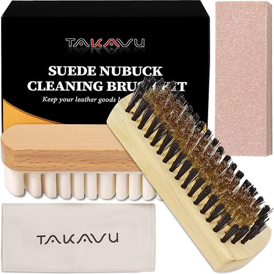 TAKAVU Premium Suede & Nubuck Cleaning Kit - Crepe Brush, Brass Bristle Brush, Microfiber Towel Cloth, Cleaning Block Eraser for Shoes, Boots