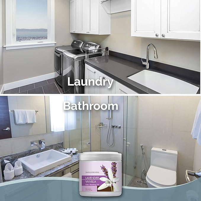 SMELLS BEGONE Air Freshener Odor Absorber Gel - 15 oz, Pack of 2 - Absorbs and Eliminates Odor in Pet Areas, Bathrooms, Cars, & Boats - Made with Essential Oils - Lavender Vanilla Scent