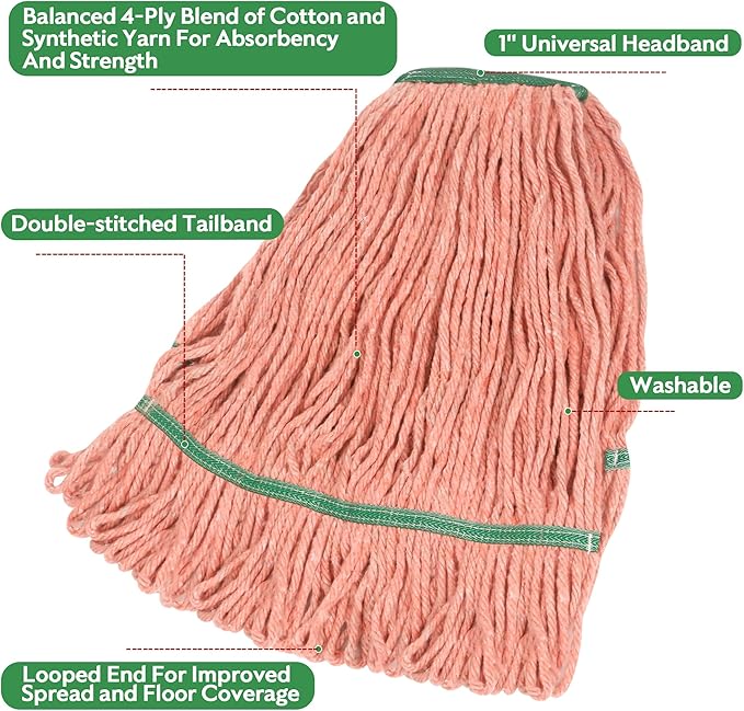 Matthew Cleaning Heavy Duty Mop Head Commercial Replacement for General and Floor Cleaning , Wet Industrial Blue Cotton Looped End String Head Refill (Pack of 3) Orange
