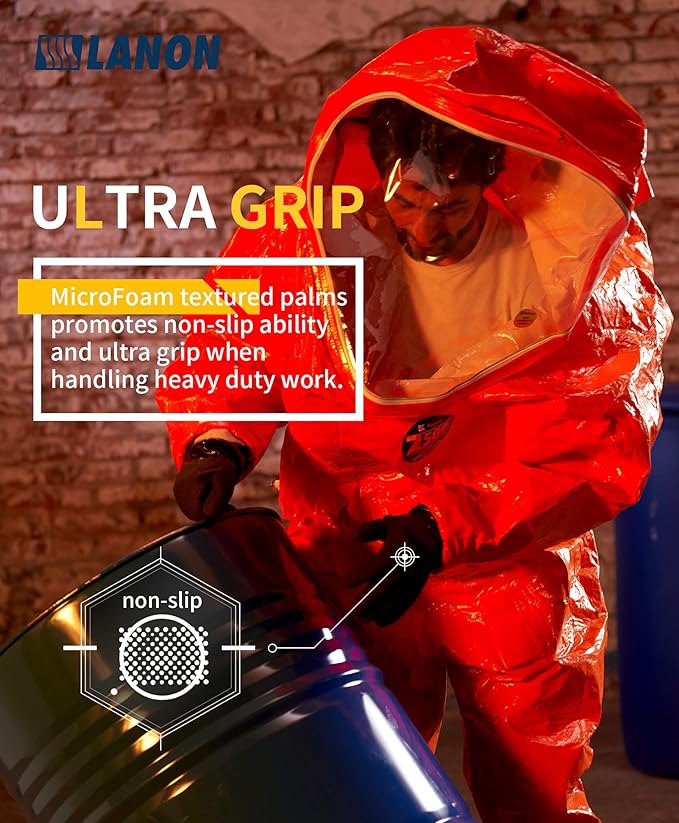 LANON 3 Pairs Nitrile Chemical Resistant Gloves, Reusable Heavy-Duty Rubber Gloves with MicroFoam Textured Palm, Acid, Alkali and Oil Protection, Black, XXL