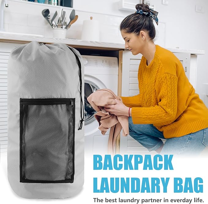 Laundry Bag Backpack, Extra Large Travel Laundry Bag with Mesh Pocket & Adjustable Shoulder Straps,Dirty Clothes Travel Bag for College Students Dorm,Apartment(Light Gray)