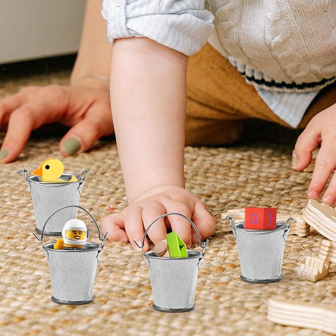 1.69" Galvanized Mini Tin Buckets – 24Pcs Silver Metal Buckets with Handle Best for Party Favors, Bridal Shower and Craft Projects (Silver, 1.69")