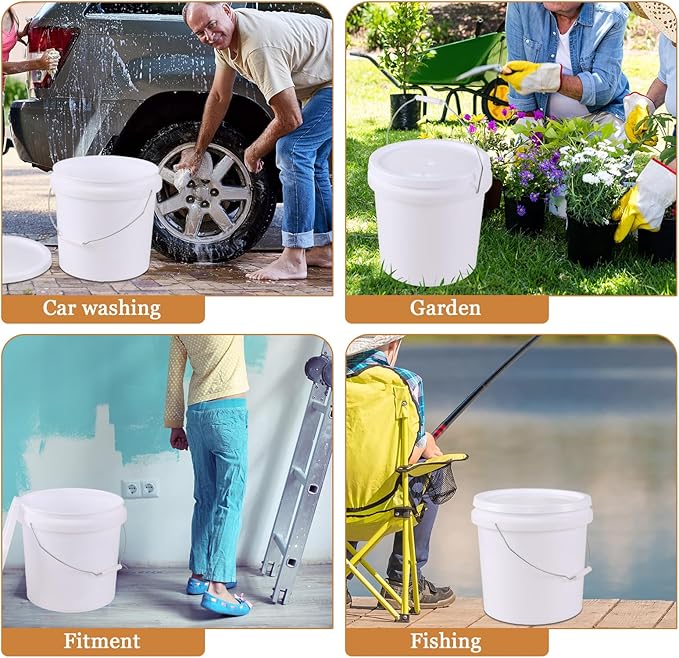 4 Gallon Plastic Food Grade White Bucket with Handle, All Purpose Storage Round Bucket Pail, 6 Packs
