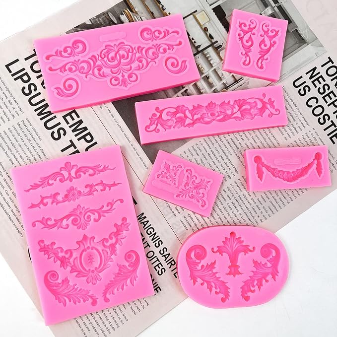 Baroque Style Silicone Molds, Curlicues Scroll Lace Fondant Molds, Vintage Relief Flower Mould Filigree 3D Clay Mold for Gummy Sugar Cookie Pastry Chocolate Mold for Clay Cupcake Topper Decor(7Pcs)