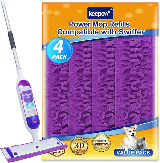 KEEPOW Reusable Mop Pads for Swiffer Power Mop, Pads Refills for Swiffer Power Mop Multi-Surface Mop Kit and Wood Mop Deep Cleaning and Mopping (4 Pack)