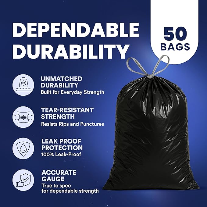 Plasticplace W13DSBKJR 13 Gallon Trash Bags │ 1.2 Mil │ (50 Count) Black Extra Tall Garbage Can Liners │ 24” x 31”