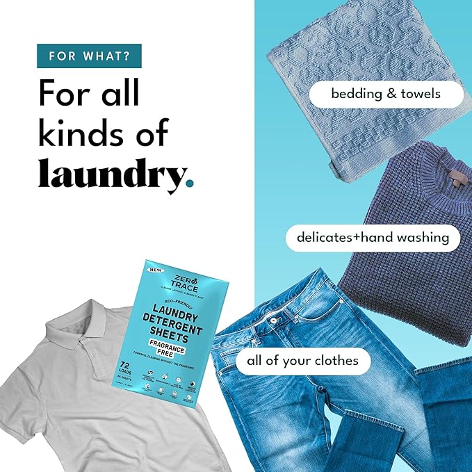 Zero Trace All Natural Laundry Detergent Fragrance Free Sheets - Eco Friendly & Unscented Laundry Detergent (144 Loads 72 Sheets)
